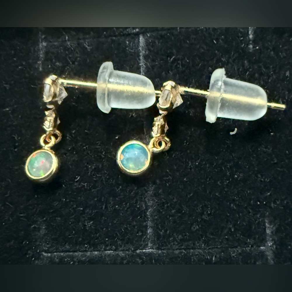 🚫SOLD🚫 18K Solid Gold Moonstone and Topaz Dangle Earrings Dainty - Picture 4 of 7